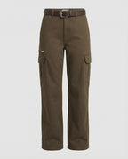 Women's High-Waisted Wide-Leg Cargo Trousers with Multi-Layer Knee Panels and Adjustable Hem Tabs