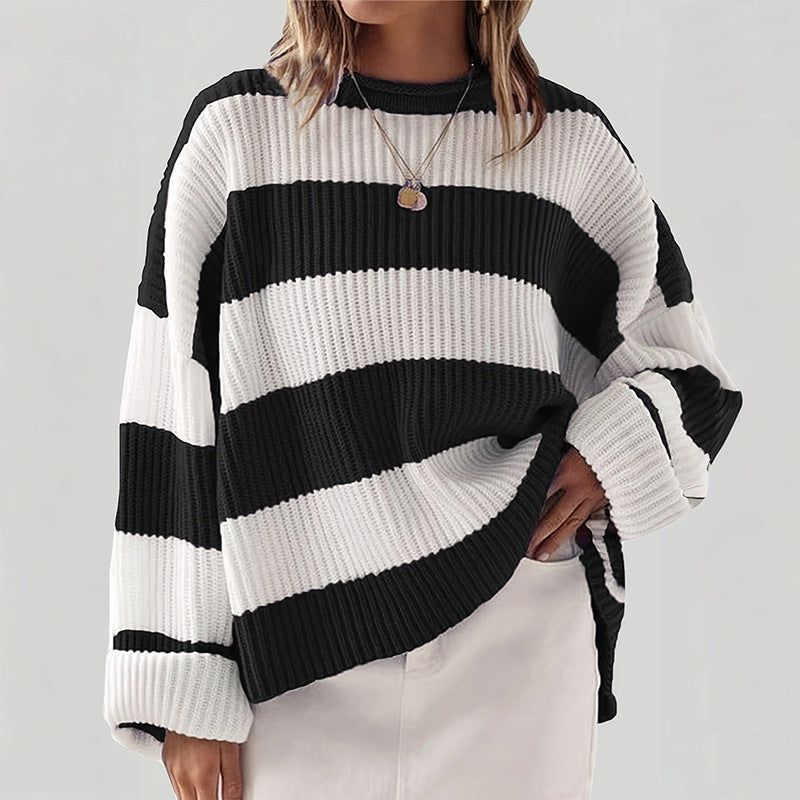 Women's Striped Knit Sweater with Wide Fit