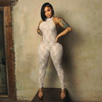 Women's Fine Lace Jumpsuit with High Collar and Figure-Hugging Cut