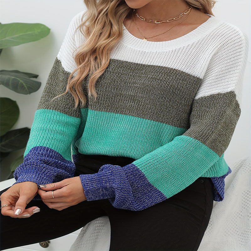 Women's Casual Sweater with Trendy Block Stripe Pattern