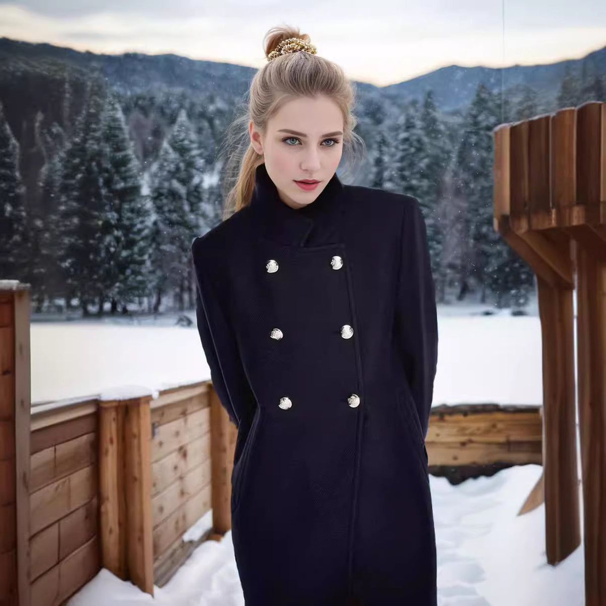 Women's Elegant Short Coat with Double-Breasted Buttons and Silky Details