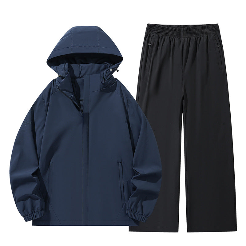 Men's Two-Piece Water-Repellent Rain Set with Hooded Jacket & Elastic Waist Pants