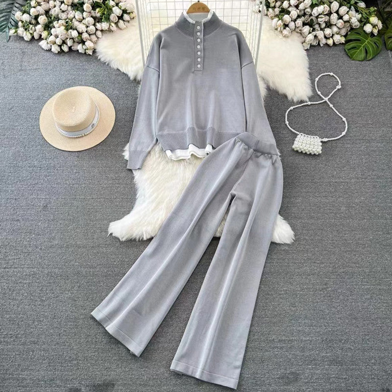 Women's Loungewear Set with Ribbed Texture and Button Detail