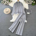 Women's Loungewear Set with Ribbed Texture and Button Detail