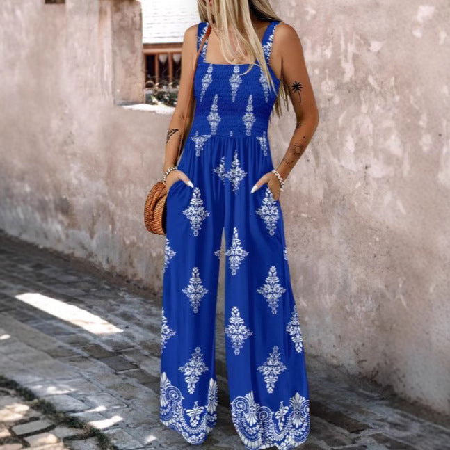 Women's Jumpsuit with Elastic Waist and Floral Details