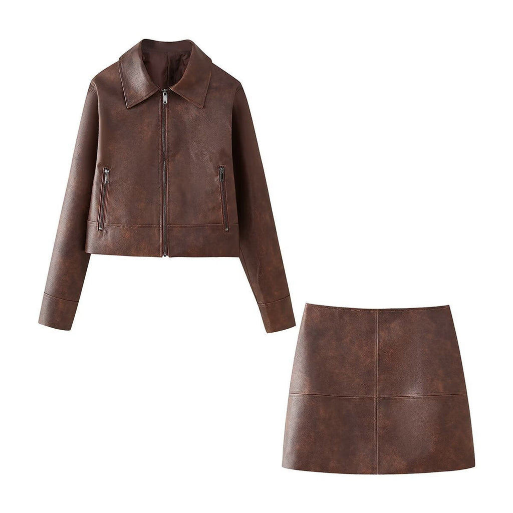 Women's Cropped Faux Leather Jacket with Stand-Up Collar