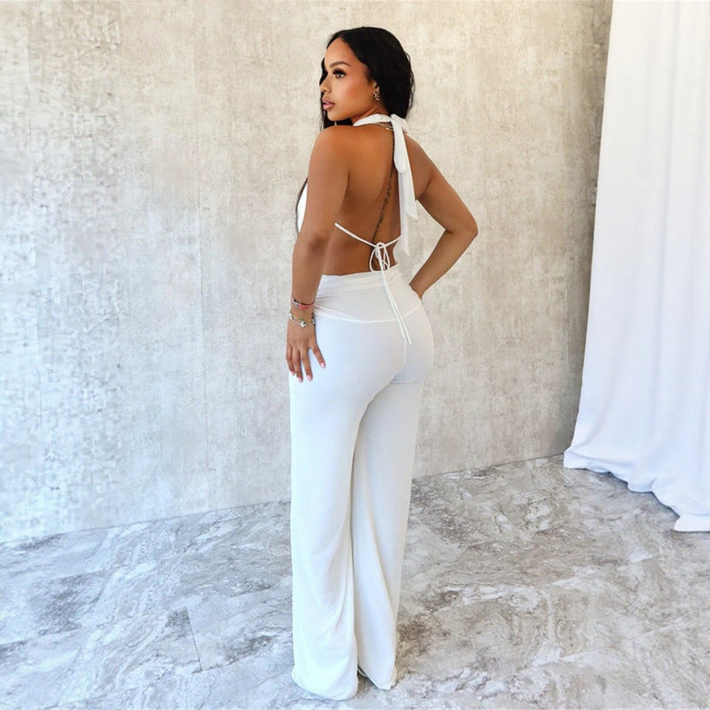 Elegant Deep-V Jumpsuit with Curved Back and Wide Legs