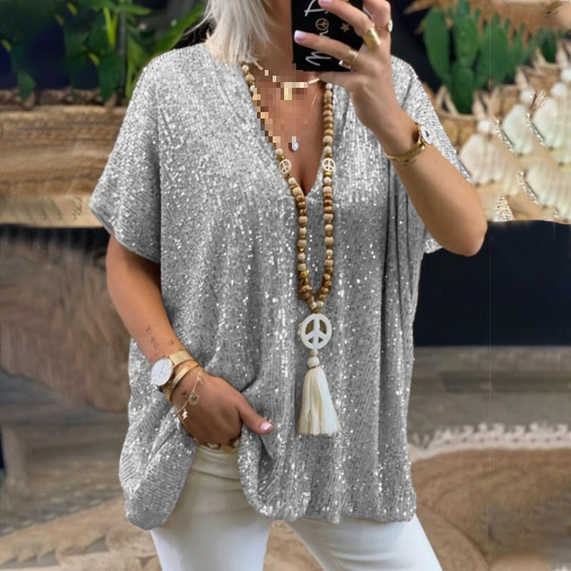 Women's Glamorous Sequin Tunic Shirt with V-Neck