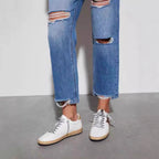 Women's High-Waist Jeans with Frayed Hem and Ripped Details