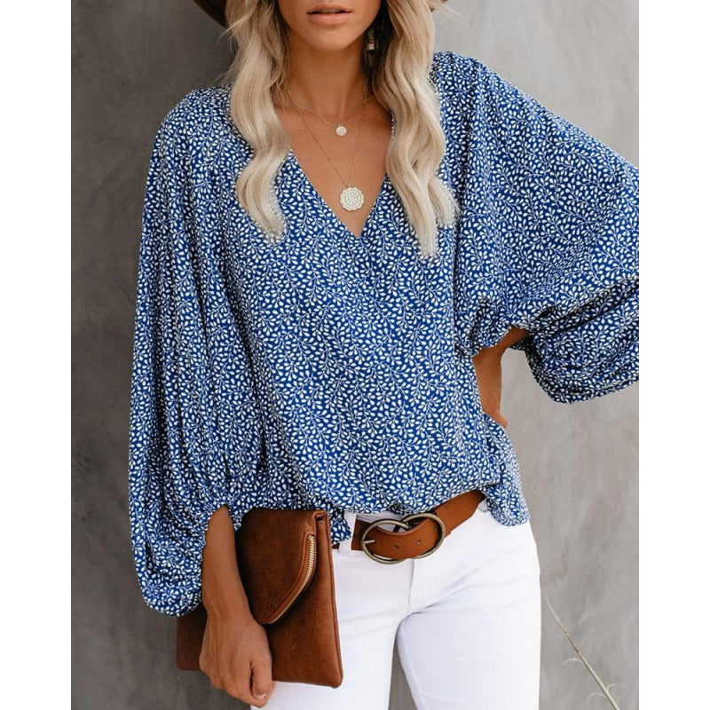 Women's Blouse with Wide Puff Sleeves and V-Neck