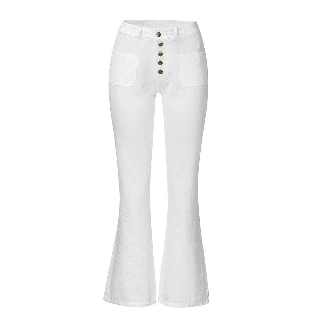 Women's High-Waisted Flared Jeans with Decorative Buttons
