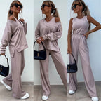 Women's Elegant Ribbed Knit Two-Piece Lounge Set with One-Shoulder Cut and Wide Palazzo Trousers