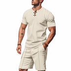 Men's Short-Sleeved Lace-Up Collar Waffle Jersey Set