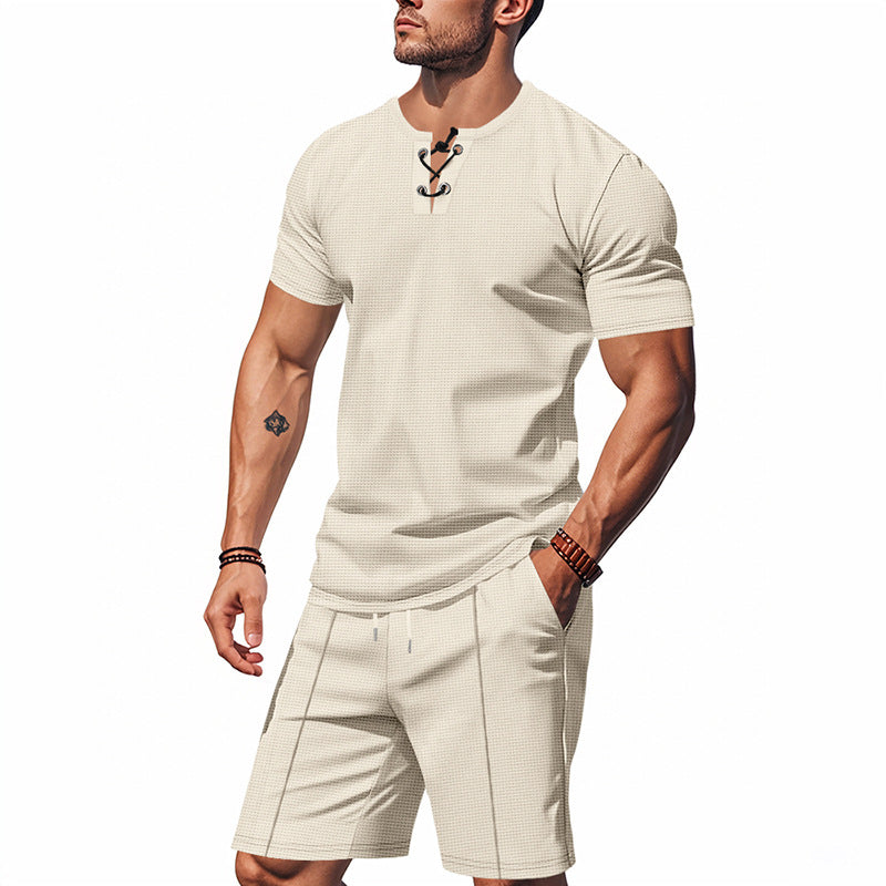 Men's Short-Sleeved Lace-Up Collar Waffle Jersey Set