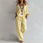 Women's Casual Lightweight Lounge Set with Off-the-Shoulder Neckline and Palazzo Pants