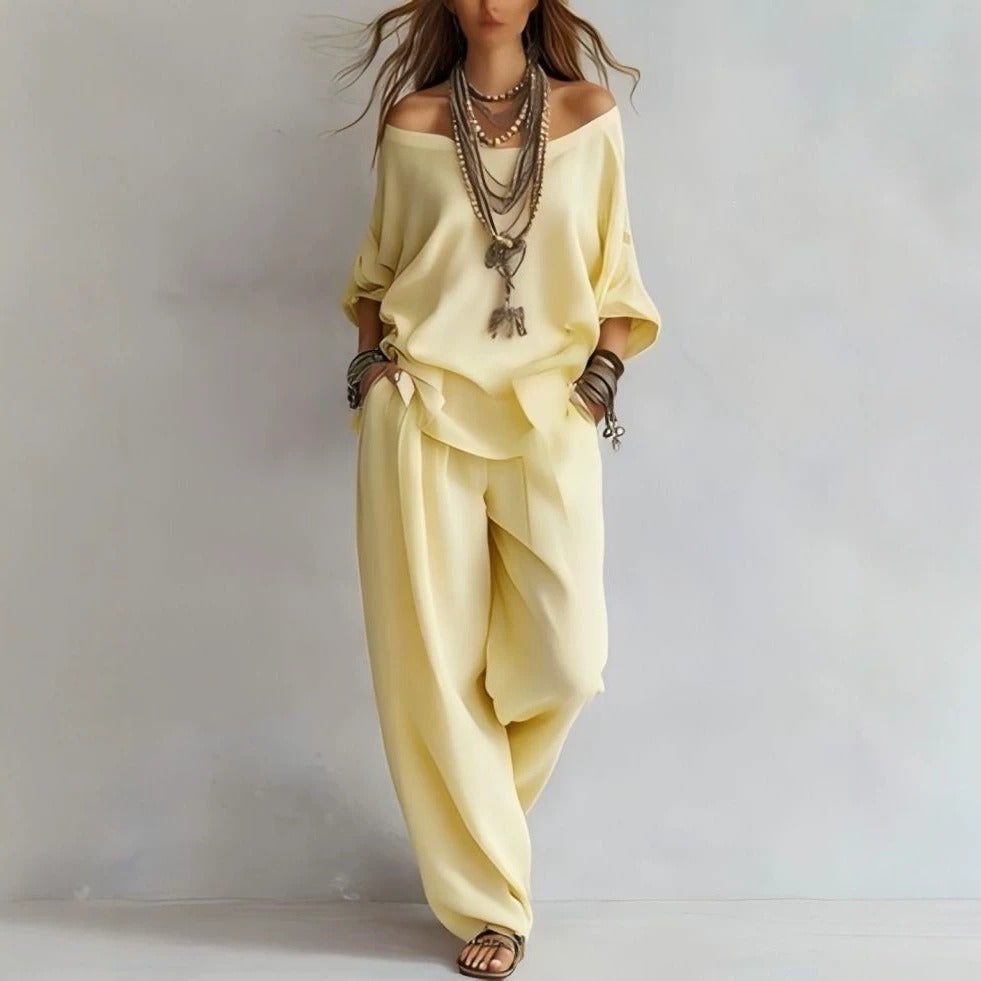 Women's Casual Lightweight Lounge Set with Off-the-Shoulder Neckline and Palazzo Pants