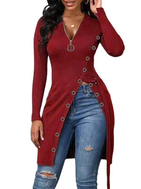 Women's Form-Fitting Wrap Shirt with Button Details and Deep V-Neck