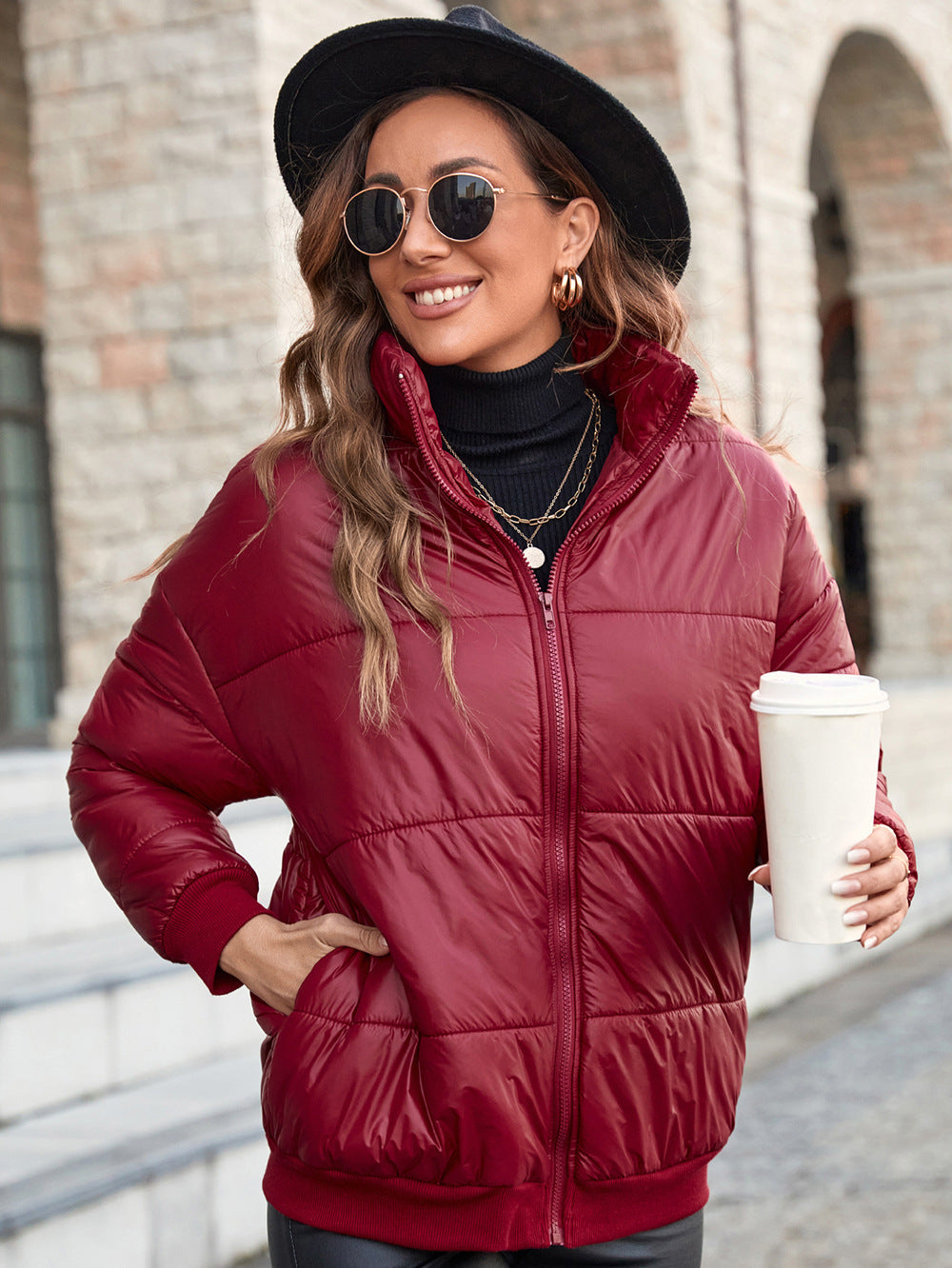 Women's Elegant Quilted Jacket with High Collar and Modern Pockets