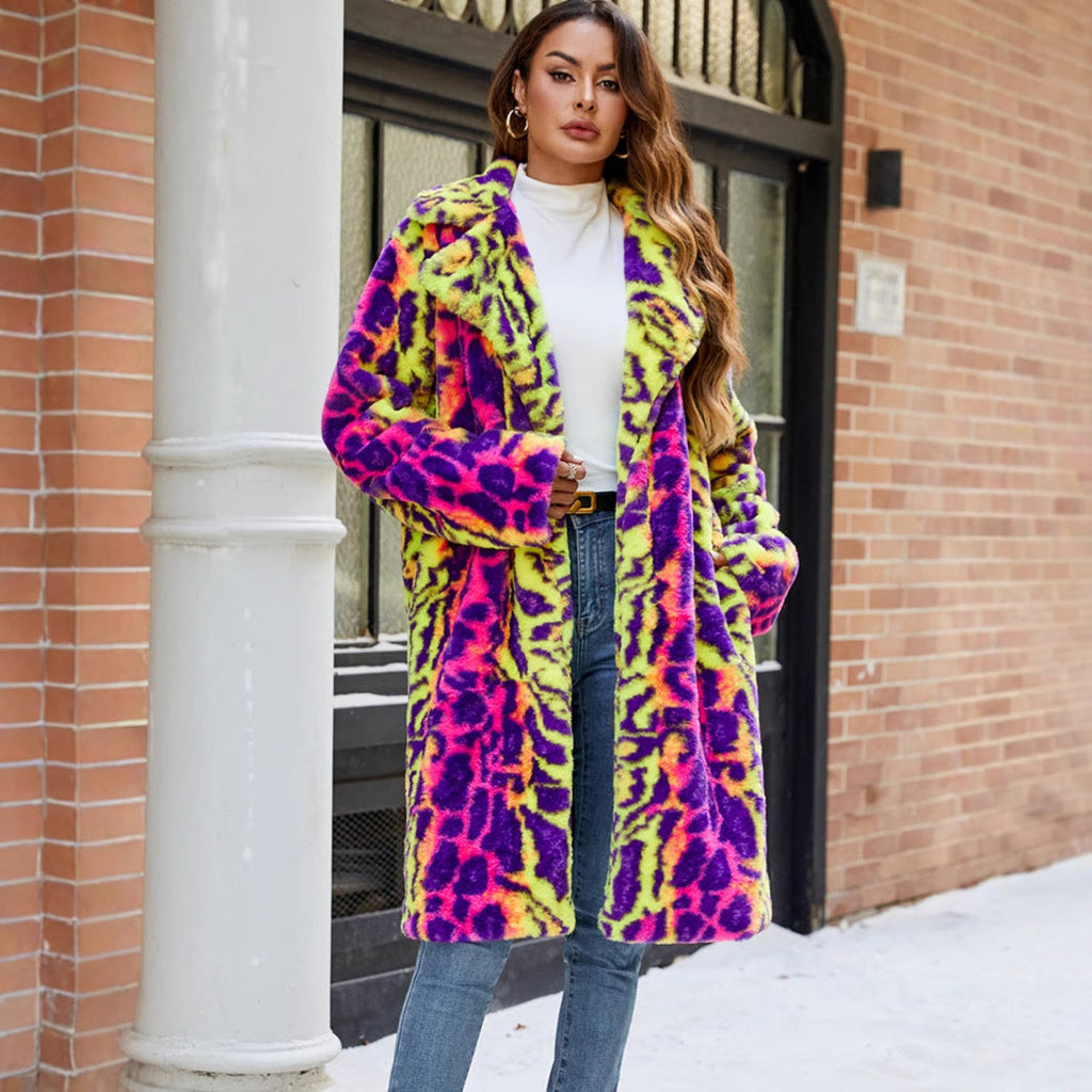 Women's Eye-Catching Faux Fur Coat with Modern Pattern