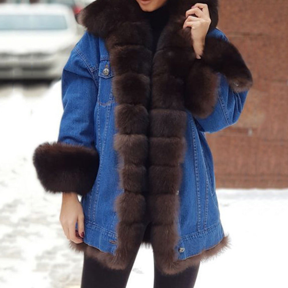 Women's Denim Jacket with Faux Fur Collar