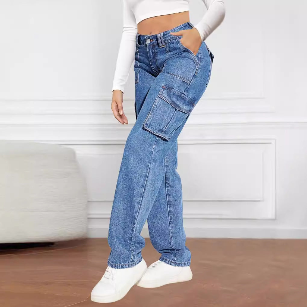 Women's High-Waisted Cargo Jeans with Pockets