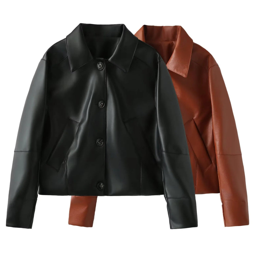 Women's Elegant Faux Leather Jacket with Modern Silhouette and Practical Pockets