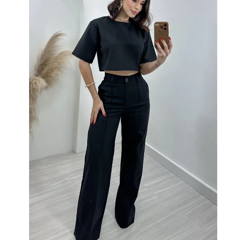 Women's Fashionable Crop Top and Wide-Leg Trousers Set