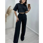 Women's Fashionable Crop Top and Wide-Leg Trousers Set