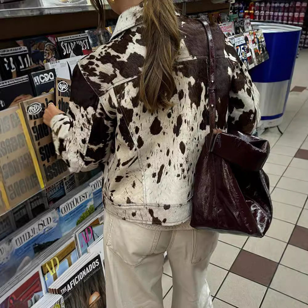 Women's Casual Cow-Print Denim Jacket