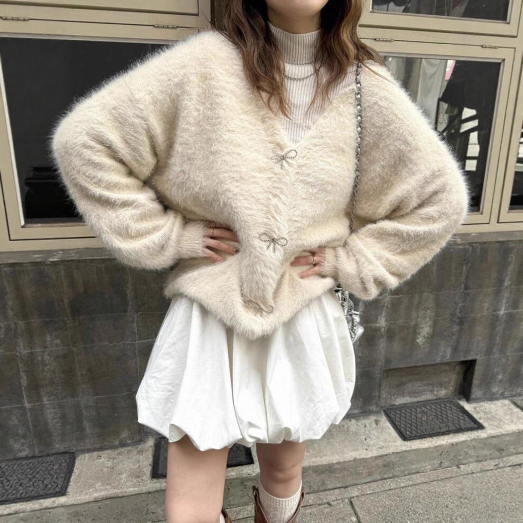 Women's Fluffy Knit Cardigan with Elegant Button Details
