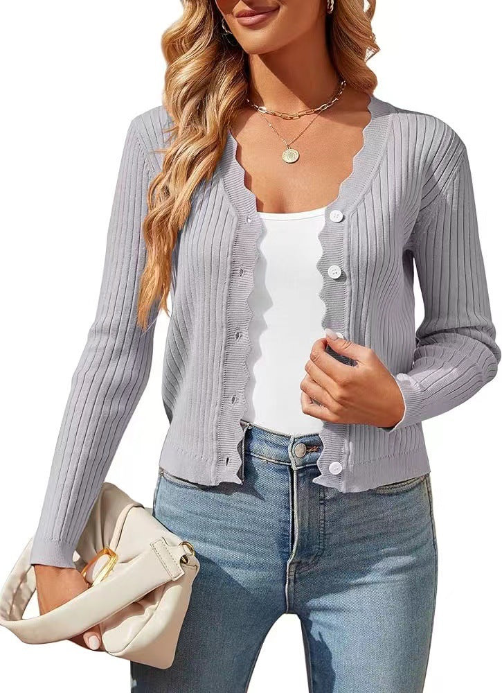Women's Elegant Cardigan with Wavy Edges