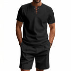 Men's Short-Sleeved Lace-Up Collar Waffle Jersey Set