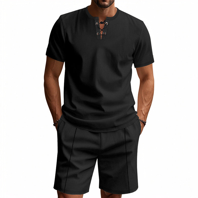 Men's Short-Sleeved Lace-Up Collar Waffle Jersey Set