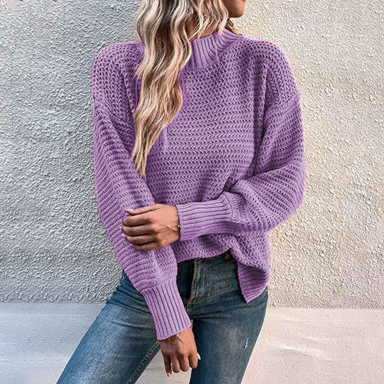 Women's Chunky Knit Sweater with High Collar and Balloon Sleeves