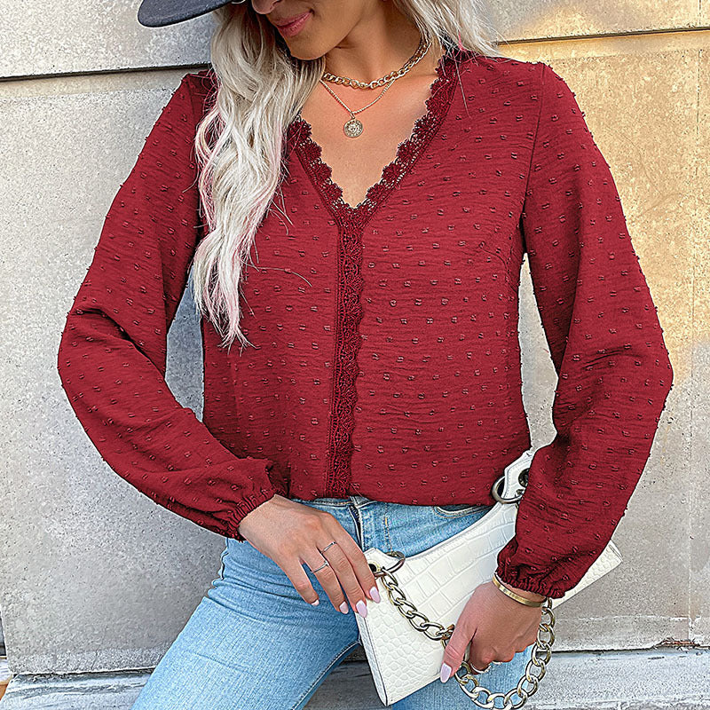 Women's Blouse with Fine Texture Details and Romantic Lace Insert