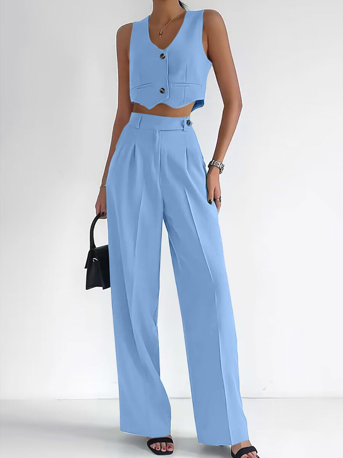 Women's Fashionable Two-Piece Set with Sleeveless Top and Wide-Leg Pants