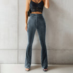Women's Elegant Velvet Flare Trousers with Fine Stripe Pattern