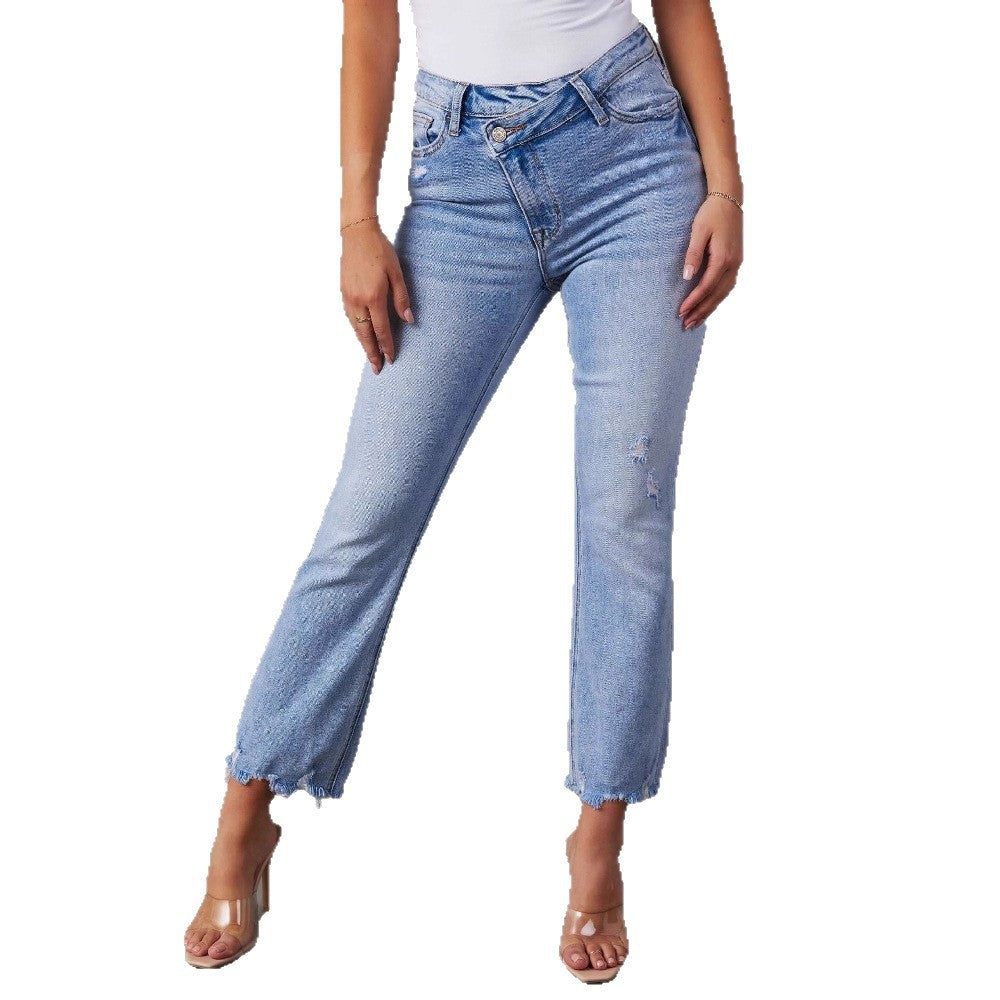 Women's Flared Jeans with Frayed Hems and Distressed Effect