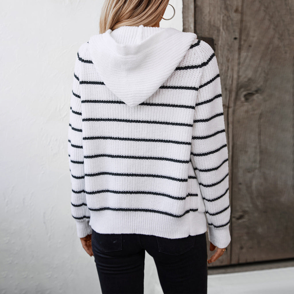Women's Striped Cardigan with Hood and Pockets