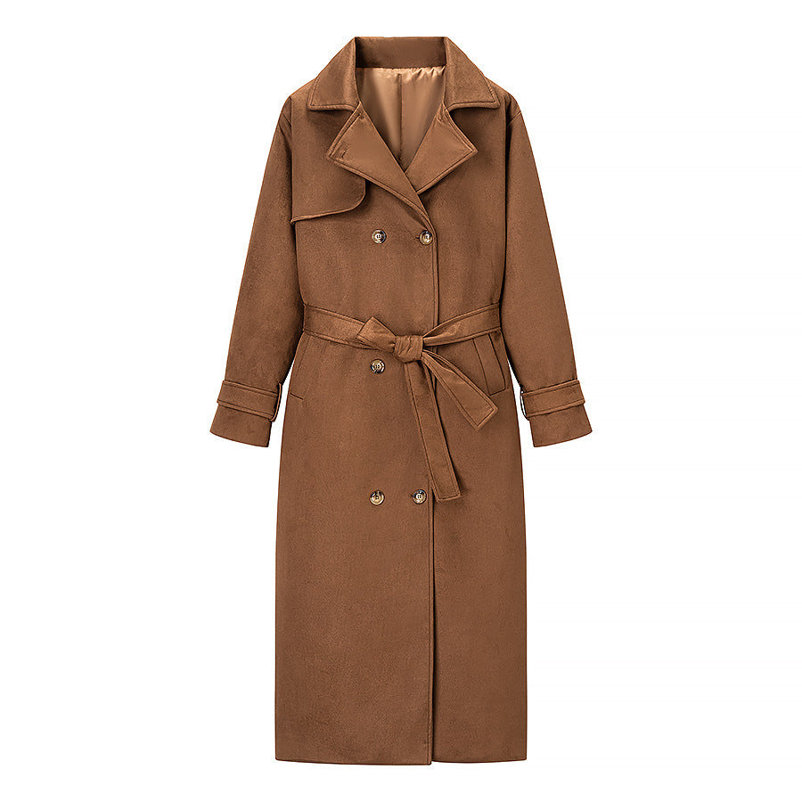 Elegant Faux Leather Trench Coat with Adjustable Belt and Practical Pockets