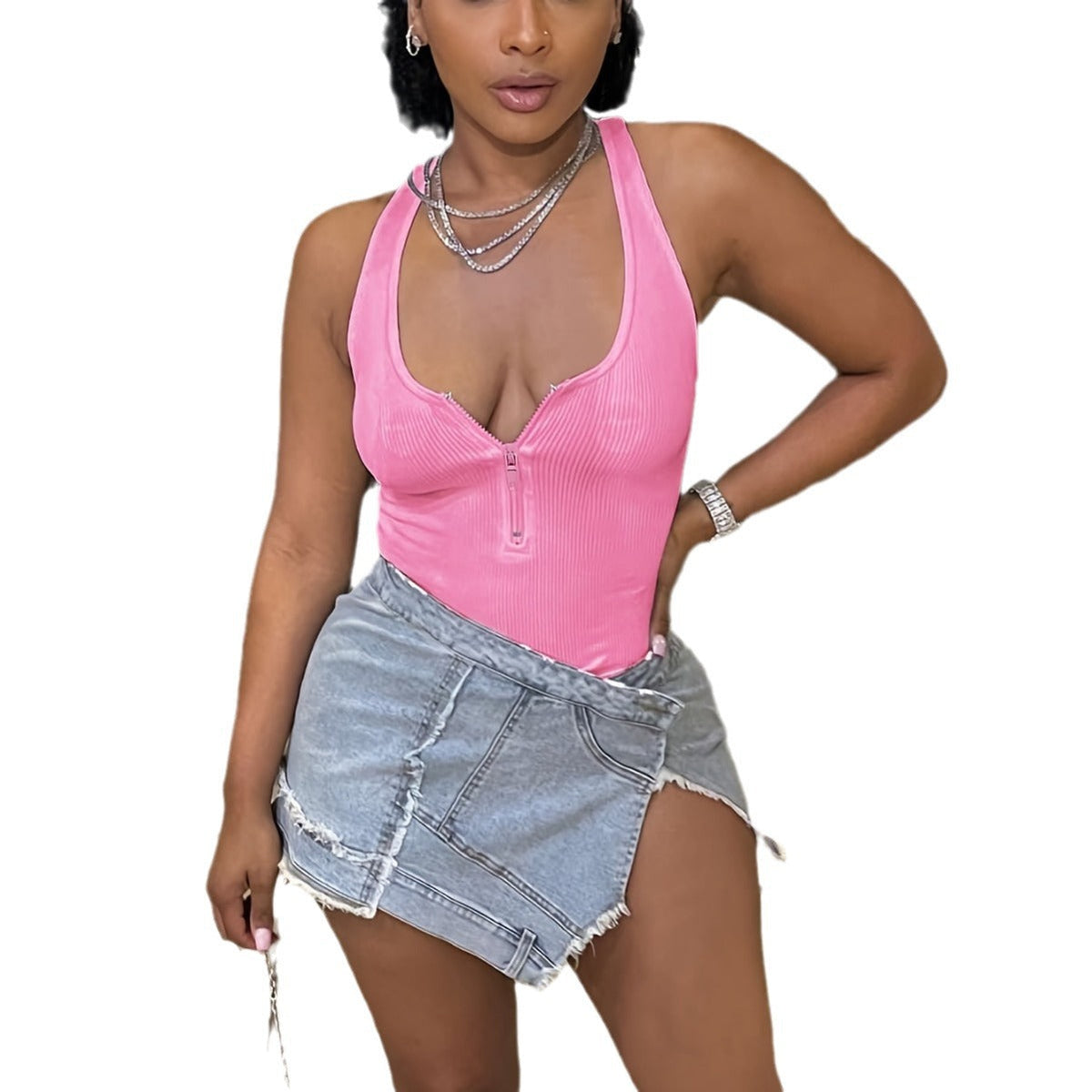 Women's Jumpsuit with Deep Neckline and Zipper