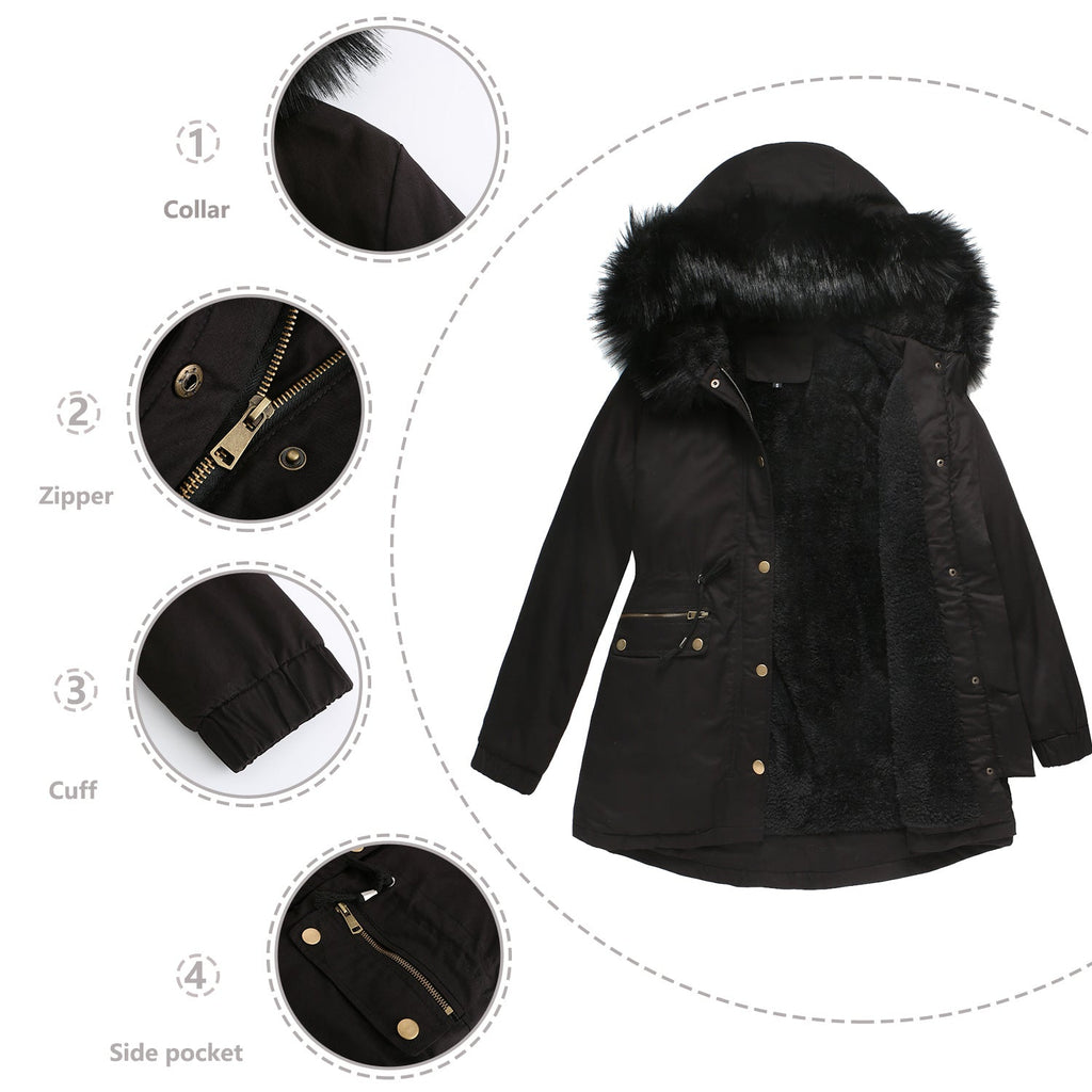 Women's Insulated Parka with Detachable Faux Fur Collar and Adjustable Waist