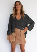 Women's Casual Blouse with Ruffles and Drawstring