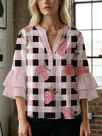 Casual Blouse with Ruffle Sleeves and Botanical Print