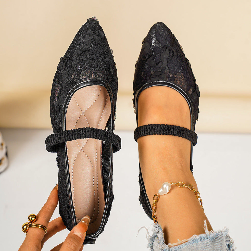 Women's Ballet Flats with Floral Lace Design and Elastic Strap