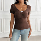 Women's Fitted Short-Sleeve Shirt with Button Placket and Ruching