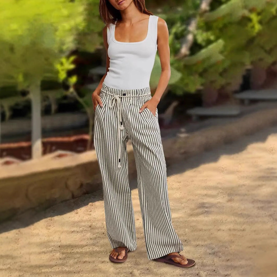 Women's Comfortable Beach Pants with Casual Stripe Pattern and Braided Waistband