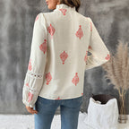 Women's Blouse Top with Embellished Puff Sleeves and Classic Stand-Up Collar