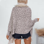 Women's Elegant Knit Poncho with Faux Fur Collar and Fringed Hem