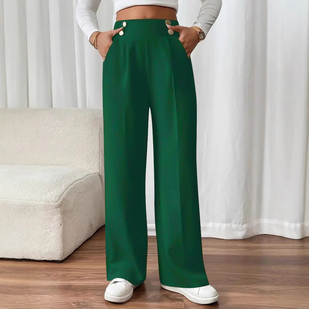 Women's Elegant Wide-Leg Pants with Decorative Buttons